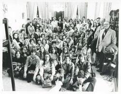 ["Black and white photograph print of Carl Albert posing with members of First Baptist Church Choir from Garland, TX, March 23, 1976"]