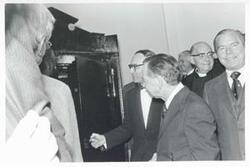 ["Black and white photograph print of Carl Albert and John Rhodes with others at the Centennial Safe Opening Ceremony"]