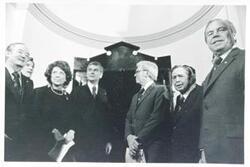 ["Black and white photograph print of Hubert Humphrey, Lindy Boggs, Mark Hatfield, Carl Albert, and John Rhodes at the Centennial Safe Opening Ceremony"]