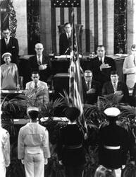 ["Black and white photograph print of Carl Albert, Mamie Eisenhower, and others during the Flag Day Ceremonies in House and the luncheon afterwards, May 1971"]