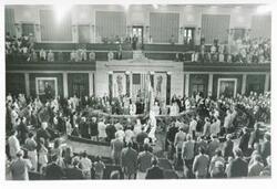 ["Black and white photograph print of Flag Day Ceremonies."]