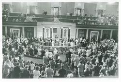 ["Black and white photograph print of Hank Aaron speaking at the Flag Day Ceremonies on July 12, 1974"]