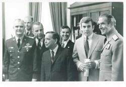 ["Black and white photograph print of General William Westmoreland, Carl Albert, Jack Kemp, and Elmo Zumwalt during the Flag Day Ceremonies. June 14, 1971"]