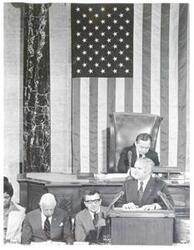 ["Black and white photograph print of Carl Albert and others at the anniversary of the First Continental Congress. September 25, 1974"]