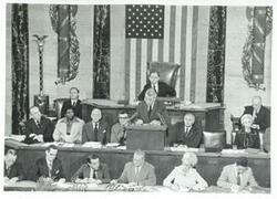["Black and white photograph print of Carl Albert, Barbara Jordan, Alistaire Cooke, and others at the anniversary of the 1st continental congress. September 25, 1974"]