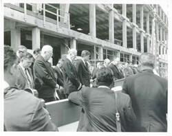 ["Black and white photograph print of Carl Albert, Earl Warren, Wilbur Mills, John W. McCormack, John F. Kennedy at the dedication of the Rayburn building."]