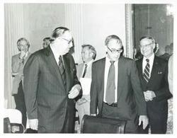 ["Black and white photograph print of Thomas E. Morgan, Henry Reuss, and others during the visit of an Australian parliamentarian. June 23-26, 1974"]