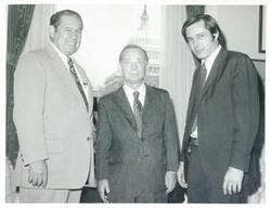 ["Black and white photograph print of Carl Albert posing with Walter Thornton and N.G. Thornton. May 7, 1972"]