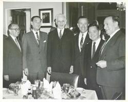 ["Black and white photograph print, from left to right: Leo Jaffe, executive vice president of Columbia Pictures Corp.; A. Schneider, Columbia President; Speaker John W. McCormack, Senator Henry M. Jackson, Carl Albert, and Sam Spiegel, producer of: Lawrence of Arabia. March 1963"]