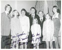 ["Black and white photograph print of Carl Albert posing with Bill Connor and family. The inscription reads: Dear Mr. Speaker-Thank you for making this day in the Connor family perfect. Bill Connor."]