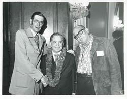 ["Black and white photograph print of Carl Albert with various unidentified people during his birthday, 1976"]