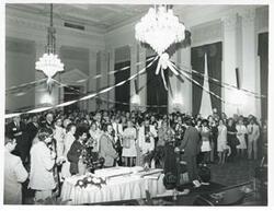 ["Black and white photograph print of group of people at Albert's birthday party, 1976"]