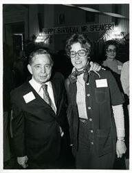 ["Black and white photograph print of Carl Albert with unidentified people at his birthday party, 1976"]