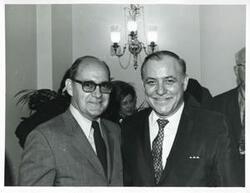 ["Black and white photograph print of unidentified men Carl Albert's birthday party. May 10, 1974"]