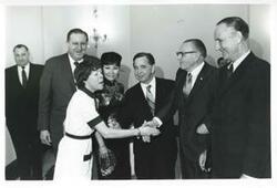 ["Black and white photograph print of Carl Albert, Mary Albert, and others at Mr. Albert's birthday party. May 10, 1974"]