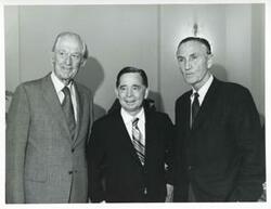 ["Black and white photograph print of Carl Albert, Les Arends, and Mike Mansfield Carl Albert's birthday party. May 10, 1974"]