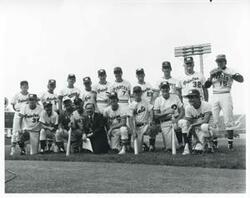 ["Black and white photograph print of Carl Albert posing with congressional baseball team. Bob Michel is among them."]