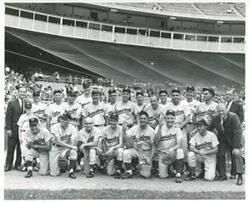 ["Black and white photograph print of Charles Mathias, Gerald R. Ford, George Bush, Conte Silvio, Bob Michel, and others at a baseball game."]