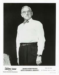 ["Black and white photograph print of actor James Whitmore as President Harry S. Truman in Give em Hell"]