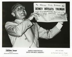 ["Black and white photograph print of President Gerald R. Ford with James Whitmore at the opening of Give em Hell"]