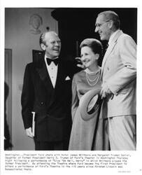 ["Black and white photograph print of President Gerald R. Ford talks with actor James Whitmore and Margaret Truman Daniel, daughter of former president Harry S. Truman at Ford's Theater after a performance of Give em Hell"]