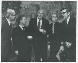 ["Black and white photograph print of Carl Albert speaking with Warren E. Burger and three other people at the National Prayer Breakfast. February 2, 1971"]