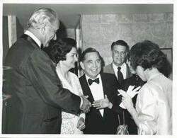 ["Black and white photograph print of Carl Albert and Mary Albert with Lyndon B. Johnson, and Lady Bird Johnson and two unidentified people."]