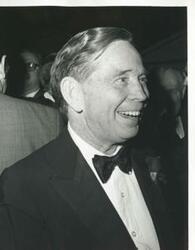 ["Black and white photograph print of close-up of Carl Albert dressed in a tuxedo."]