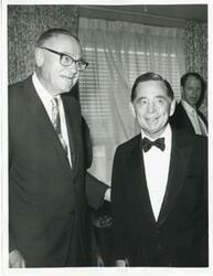 ["Black and white photograph print of Carl Albert with unidentified men."]