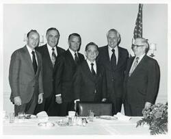 ["Black and white photograph print of James R. Jones, Clem McSpadden, John Jarman, Carl Albert, David Hall, and Tom Steed"]
