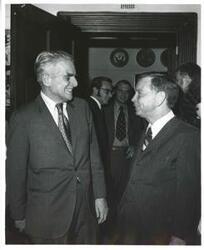 ["Black and white photograph print of Carl Albert speaking with an unidentified man. January 1972"]