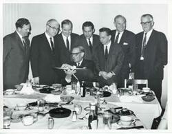 ["Black and white photograph print of James Smith, Tom Steed, Ed Edmondson, Fred Harris, Carl Albert, A. S. Mike Monroney, Page Belcher, and another man."]