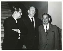 ["Black and white photograph print of Fred R. Harris, Hubert H. Humphrey, and Carl Albert."]