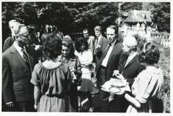 ["Black and white photograph print of a group of people during the House delegation trip to USSR, Romania, Yugoslavia. August 1975"]