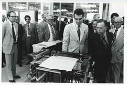 ["Black and white photograph print of Carl Albert with several others during the House delegation trip. August 1975"]