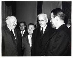 ["Black and white photograph print of Carl Albert, John W. McCormack, and the West German premier."]