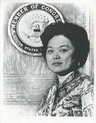 ["Black and white photograph print of a close-up photo of Patsy Mink ?"]