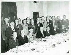 ["Black and white photograph print of Carl Albert at a luncheon with Robert Sikes, George Mahon, John McFall, and others. July 28, 1969"]