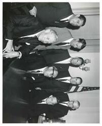 ["Black and white photograph print of Oklahoma delegation. Standing: Fred Harris, Jed Johnson, Jr., John Jarman, Ed Edmondson, and Tom Steed. Seated: A. S. Mike Monroney, Preston Moore, and Carl Albert. June 1966"]