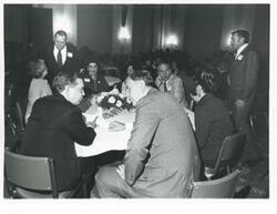 ["Black and white photograph print of Thomas S. Foley, Carl Albert, and others at a reception for freshman members of the 94th Congress. December 1, 1975"]