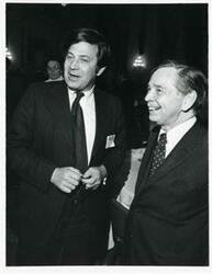 ["Black and white photograph print of Carl Albert with unidentified people at the reception for freshman members of the 94th Congress. December 1, 1975"]