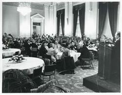 ["Black and white photograph print of Carl Albert and others at a reception for freshman members of the 94th Congress. December 1, 1975"]