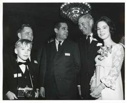 ["Black and white photograph print of David Albert, Carl Albert, Fred Harris, A. S. Mike Monroney, and Mary Frances Albert."]