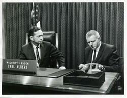 ["Black and white photograph print of Carl Albert with an unidentified man."]