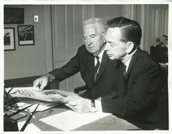 ["Black and white photograph print of Carl Albert with unidentified men."]