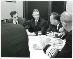 ["Black and white photograph print of George Mahon, Robert S. McNamara, Carl Albert, and others at a luncheon in the Joe Martin Room. March 30 1967 Hale Boggs is also pictured in 3157"]