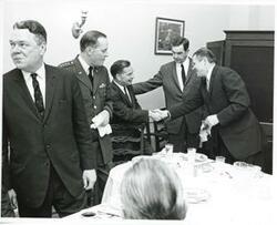 ["Black and white photograph print of George Mahon, Robert S. McNamara, Carl Albert, and others at a luncheon in the Joe Martin Room. March 30 1967 Hale Boggs is also pictured in 3157"]