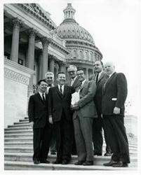 ["Black and white photograph print of Carl Albert, Barry Goldwater, Robert L. F. Sikes, and others standing on the steps of the Capitol."]