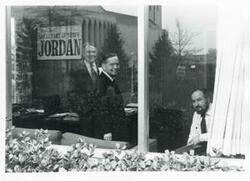 ["Black and white photograph print of Carl Albert, Hale Boggs, and another man in an office."]