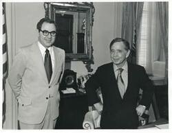 ["Black and white photograph print of Carl Albert with unidentified men."]